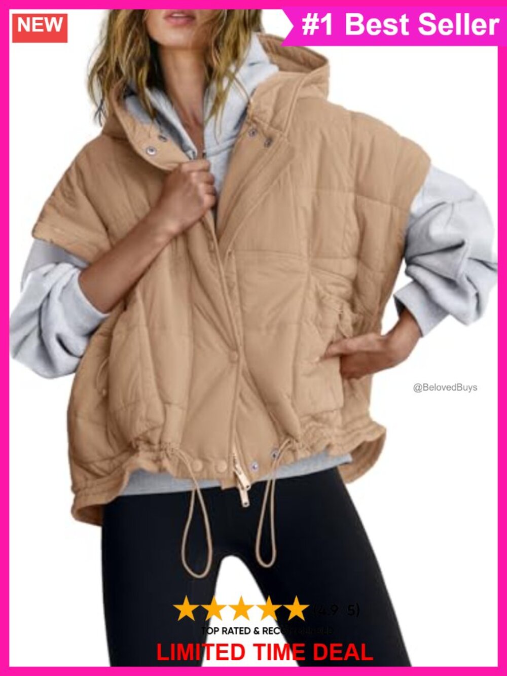 Oversized Quilted Puffer Vest Sleeveless Zip Jacket